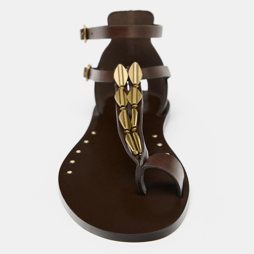 ZARA LEATHER SANDALS WITH ADORNMENT. Grecian, Boho. Size 9 NWT - Picture 2 of 9
